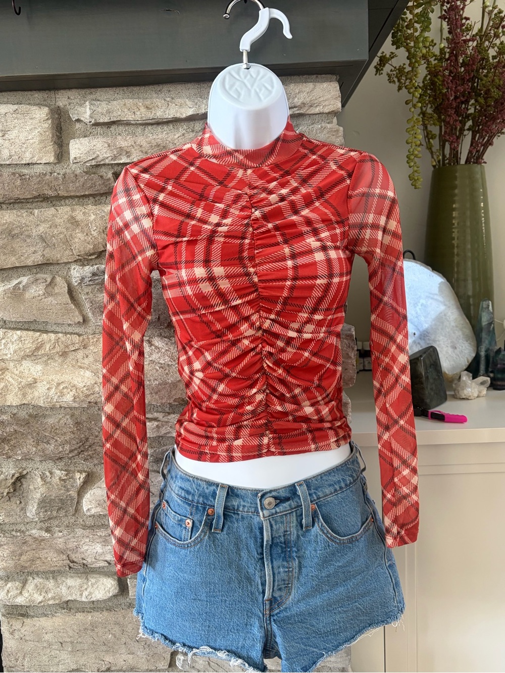 Crave Fame Red Plaid Ruched Long Sleeve Top